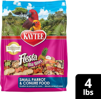 Kaytee Fiesta Big Bites Small Parrot &amp; Conure Food, Nutritious and Fun Blend, Supports Skin, Feather, Digestion, Brain and Heart Health, 4 pounds