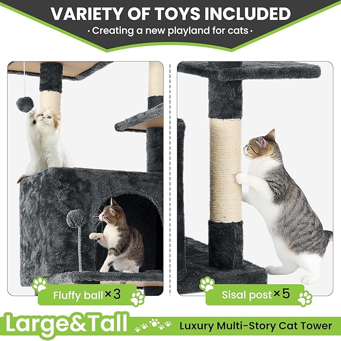 69in Large Cat Tree Tower for Indoor Cats with Soft Plush Hang Ball, Two Condos, Sisal Scratch Posts &amp; Rope Play for Kittens/Adult Cats, Deep Grey