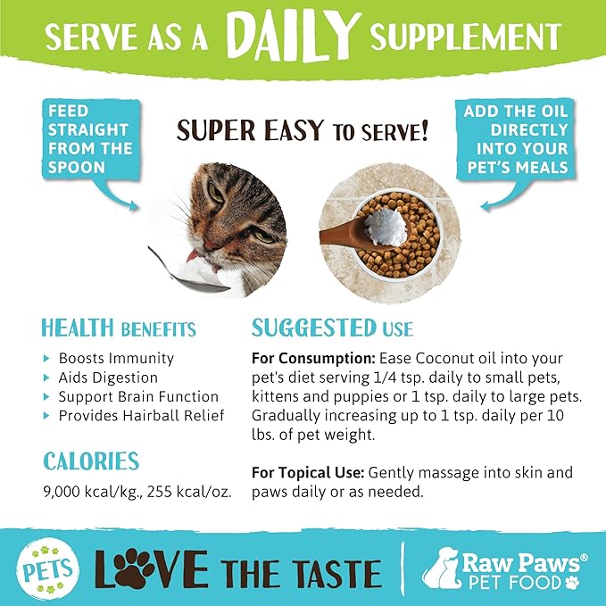 Raw Paws Virgin Organic Coconut Oil for Dogs &amp; Cats, 16-oz - Treatment for Itchy Skin, Dry Nose, Paws - Hot Spot Lotion - Natural Hairball Remedy for Cats
