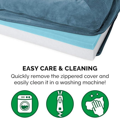 Furhaven Cooling Gel Dog Bed for Medium/Small Dogs w/ Removable Bolsters &amp; Washable Cover, For Dogs Up to 35 lbs - Faux Fur &amp; Velvet Sofa - Harbor Blue, Medium