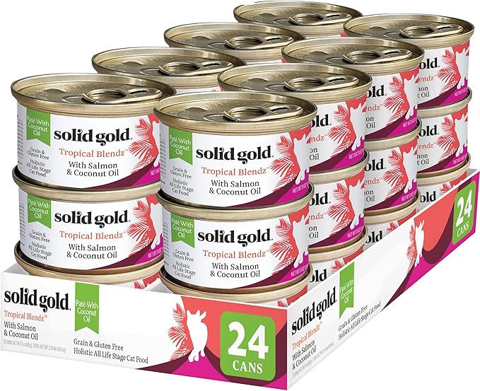 Solid Gold Wet Cat Food Pate in Coconut Oil - Healthy Canned Cat Food Pate w/Real Salmon, Omega Fatty Acids, Vitamins &amp; Minerals - Grain Free &amp; Gluten Free Canned Meals for Cats &amp; Kittens - 24ct/3oz