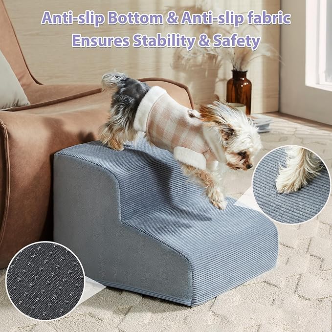 Dog Stairs for Small Dogs, 2-Steps Dog Ramp for Couch, Pet Stairs with Highly Supportive Foam and Non-Slip Bottom, Pet Steps for Cat &amp; Doggie (High 11.8 Inch)