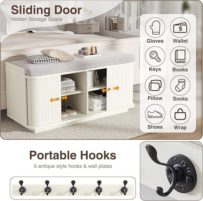 Cream White 39.4" W 2-Tier Shoe Bench with Storage | Entryway Bench with Padded Cushion, Sliding Doors &amp; 5 Hooks