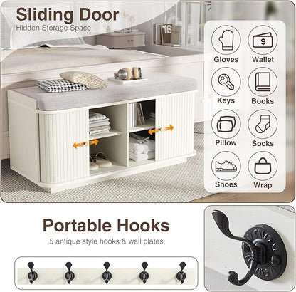 Cream White 39.4" W 2-Tier Shoe Bench with Storage | Entryway Bench with Padded Cushion, Sliding Doors &amp; 5 Hooks