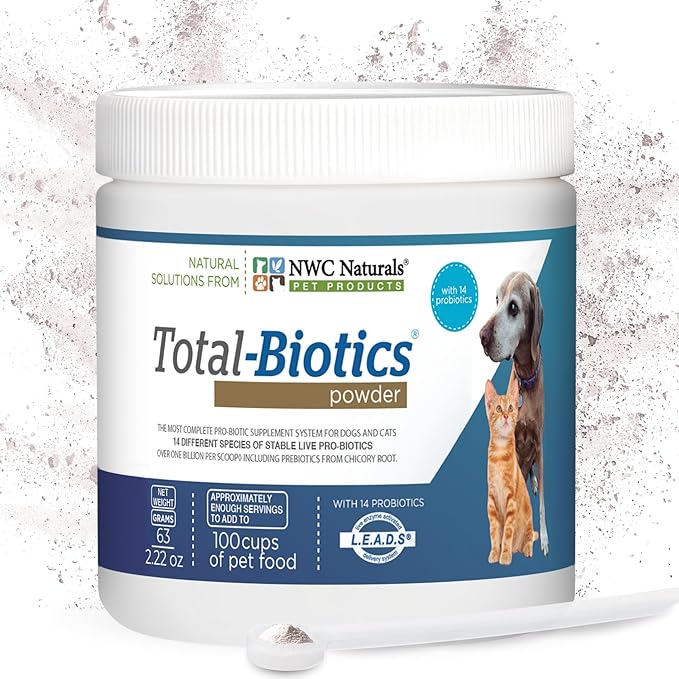 NWC Naturals Total-Biotics, Cat &amp; Dog Probiotics for Digestive Health with Prebiotic, Unflavored Probiotic for Dogs &amp; Cats, Supplement for Gut, Skin, Coat, Stomach Relief, 100 Servings, 2.22 Ounces