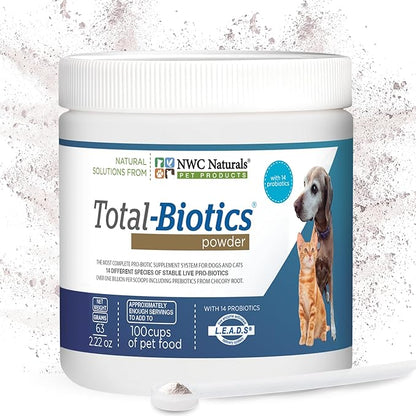 NWC Naturals Total-Biotics, Cat &amp; Dog Probiotics for Digestive Health with Prebiotic, Unflavored Probiotic for Dogs &amp; Cats, Supplement for Gut, Skin, Coat, Stomach Relief, 100 Servings, 2.22 Ounces
