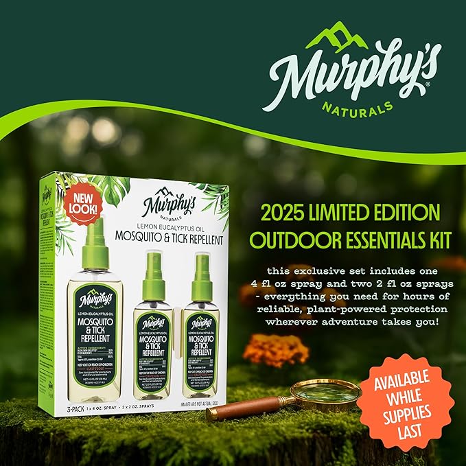 Murphy’s Naturals Mosquito &amp; Tick Repellent, Plant-Based DEET-Free Spray, Outdoor Essentials Kit 3-Pack, 1x4-ounce + 2x2-ounce Pumps, Limited Edition