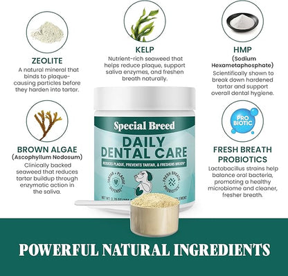Dog Teeth Cleaning Powder – Natural Dog Dental Powder for Tartar Control, Fresh Breath &amp; Gum Health – Daily Plaque Remover with Zeolite, Brown Algae, Probiotics &amp; Rosemary – 180 Scoops