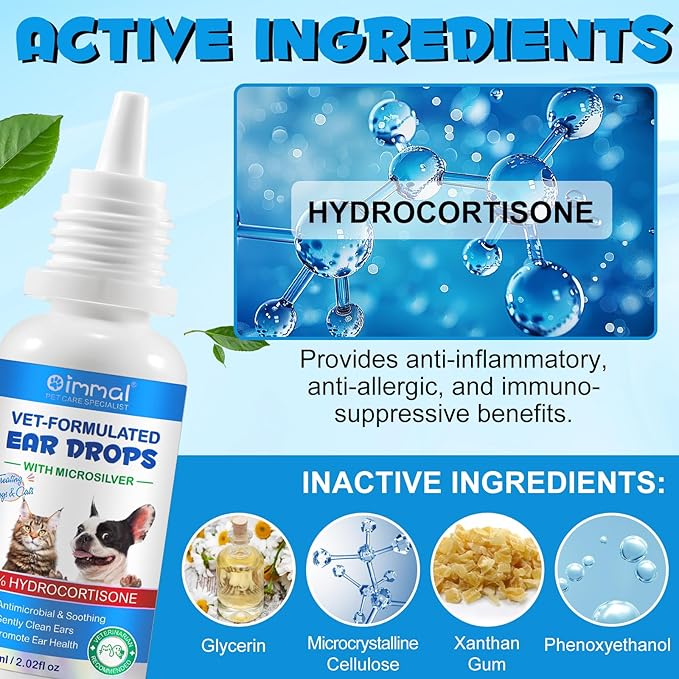 Dog &amp; Cat Ear Infection Treatment Drops, Pets Ear Cleaning Drops with 1% Hydrocortisone for Dog &amp; Cats Yeast Infection, Itchy Ear Relief, Treats Ear Infections for Dogs &amp; Cats - 2 fl oz
