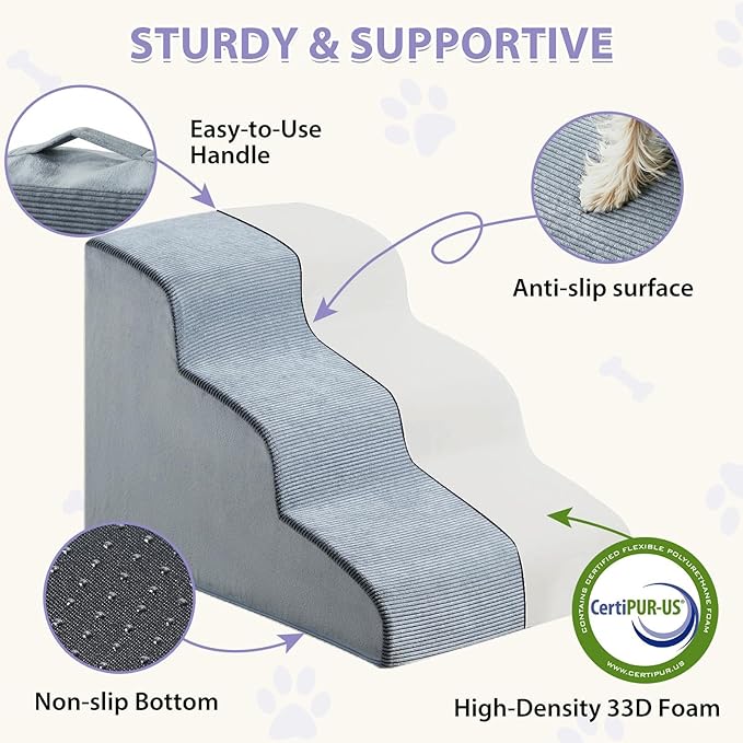 Dog Stairs for Small Dogs, 2-Steps Dog Ramp for Couch, Pet Stairs with Highly Supportive Foam and Non-Slip Bottom, Pet Steps for Cat &amp; Doggie (High 11.8 Inch)