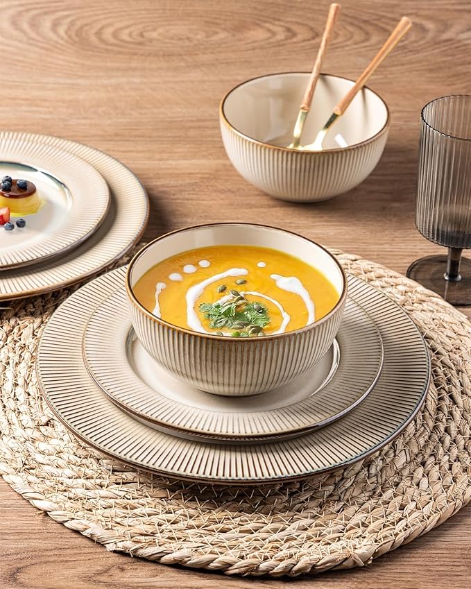 GBHOME Ceramic Dinnerware Sets,12 pcs Embossed Elegant Stoneware Plates and Bowls Sets, Housewarming Wedding Gift | Dishwasher &amp; Microwave Safe | Dishes Set Service for 4