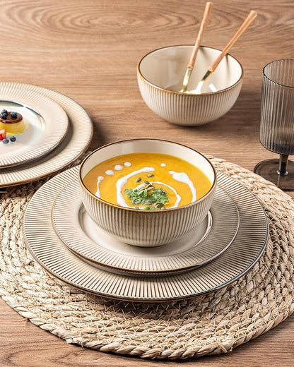 GBHOME Ceramic Dinnerware Sets,12 pcs Embossed Elegant Stoneware Plates and Bowls Sets, Housewarming Wedding Gift | Dishwasher &amp; Microwave Safe | Dishes Set Service for 4