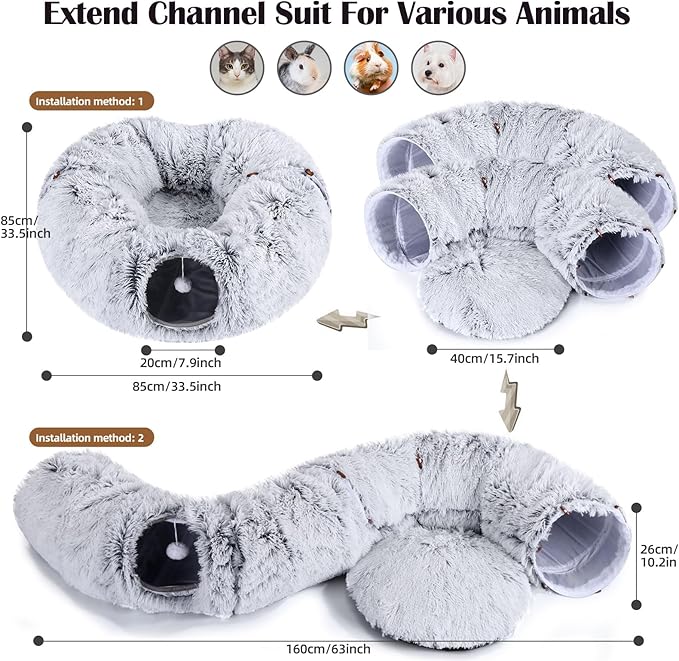 Odoland Cat Tunnel Bed with 20 Cat Toys - Indoor Plush Kitten Couch, Detachable Cats Cave Donut Tunnel &amp; Soft Kitten Toy Set - Cozy Cat Furniture, White