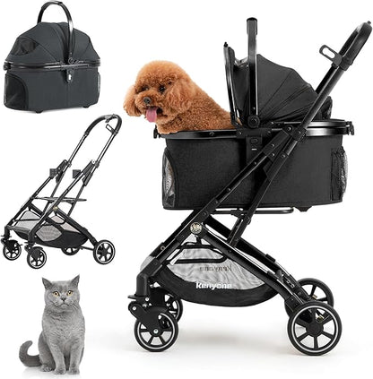 Kenyone 3-in-1 Pet Stroller for Small Medium Dogs Puppy Cat Stroller with Detachable Carrier &amp; Pad Lightweight Foldable Aluminum Alloy Frame Dual No-Zip Entry(Black)