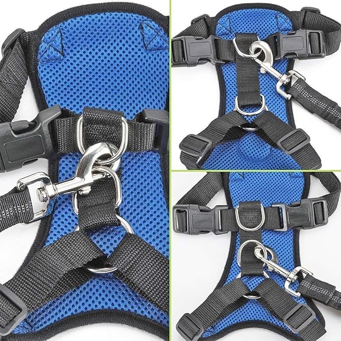 SlowTon Dog Seat Belt Harness for Car, Dog Car Harness Adjustable Mesh Breathable &amp; Dog Seatbelt Safety Tether with Elastic Bungee for Small Medium Large Pets(Blue, Single Clip, XS)