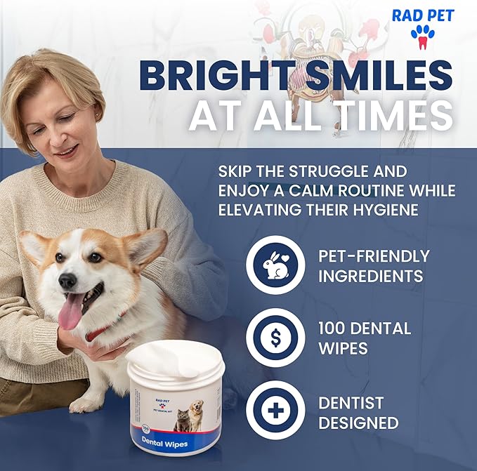 Rad Health Dog Dental Wipes - 100ct Pet Dental Finger Wipes, Easy No-Brush Teeth Cleaning, Removes Plaque &amp; Tartar, Boosts Oral Hygiene, Freshens Breath, Gentle on Mouth, Strong on Build-Up