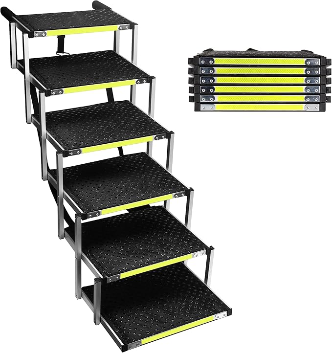 Sturdy 6-Step Aluminum Frame Dog Stair with 1680D PVC Fabric - Non-Slip, Lightweight &amp; Portable - Ideal for Car, SUV, Truck Access - Black (106x80x43cm)