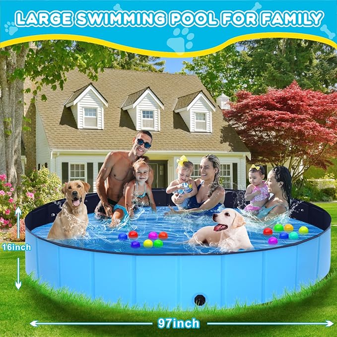 Extra Large Collapsible Dog Pool,97"x16" Anti-Slip Portable Swimming Pool Bathing Tub,Hard Plastic Kiddie Pool for Pets Dogs Cats &amp; Kids…