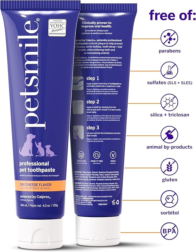Petsmile Professional Pet Toothpaste for Cats &amp; Dogs - Only VOHC Accepted Toothpaste - Clinically Proven to Control Plaque &amp; Tartar Calprox Formula (Say Cheese, 4.2 Oz)