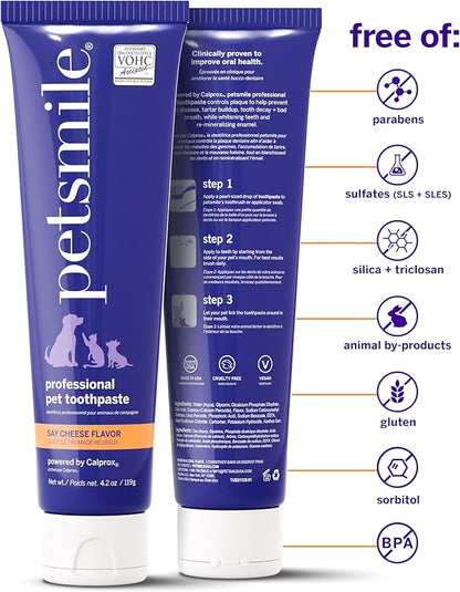 Petsmile Professional Pet Toothpaste for Cats &amp; Dogs - Only VOHC Accepted Toothpaste - Clinically Proven to Control Plaque &amp; Tartar Calprox Formula (Say Cheese, 4.2 Oz)