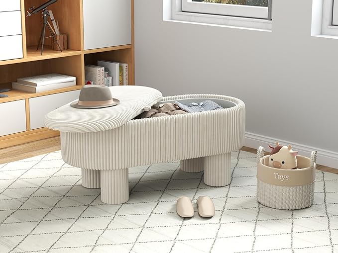 Corduroy Storage Ottoman Bench, 43" Upholstered Oval Footrest with Hidden Storage, Modern Design with Solid Wood Legs for Bedroom, Living Room, and Entryway Furniture, White