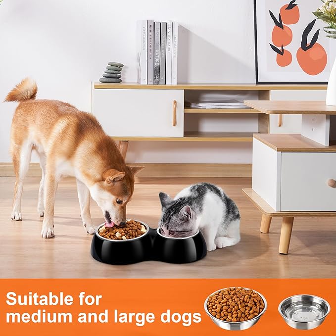 Double Dog Bowls Set – Non-Slip Pet Food &amp; Water Dishes with Resin Stand, Includes Small (1 Cup) &amp; Medium (2 Cups) Bowls – Ideal for Puppies, Cats, and Medium Dogs –Black