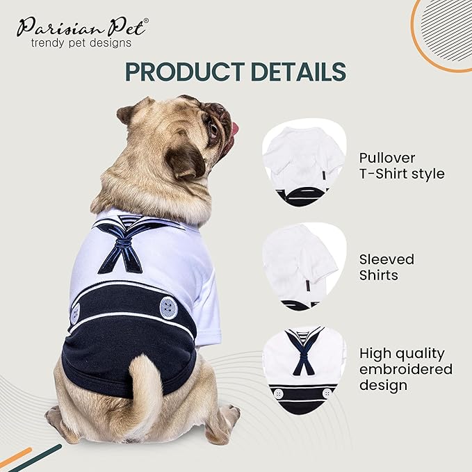 Parisian Pet Sailor Dog Costume - Embroidered Sleeved Dog Shirt - 100% Cotton &amp; Polyester - Blue &amp; White - 3XL