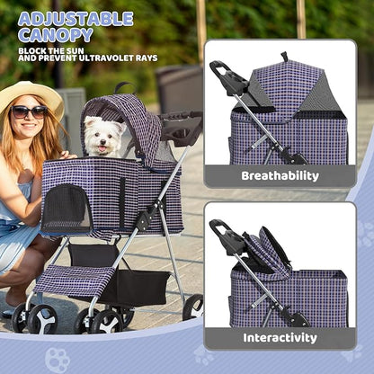 Magshion Foldable Pet Stroller, 3-in-1 Dog Travel Jogger with Detachable Carrier, Cup Holder, Storage Basket, Folding Carrier for Small/Medium Dogs &amp; Cats Up to 33 lbs, Plaid