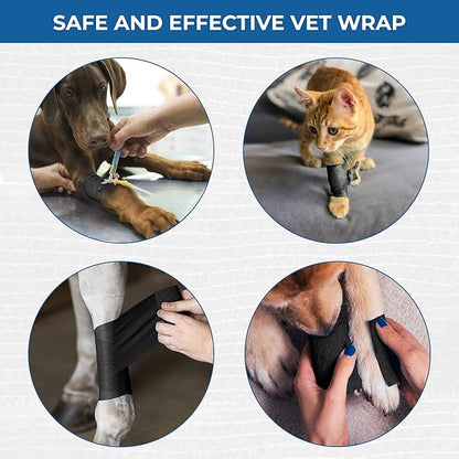Self Adhesive Bandage Wrap - Pack of 12 Black Color, Non-Woven, Breathable &amp; Water-Resistant Vet Wrap for First Aid, Sports Injury, Body Sprains, &amp; Pets - 2 Inch x 5 Yards