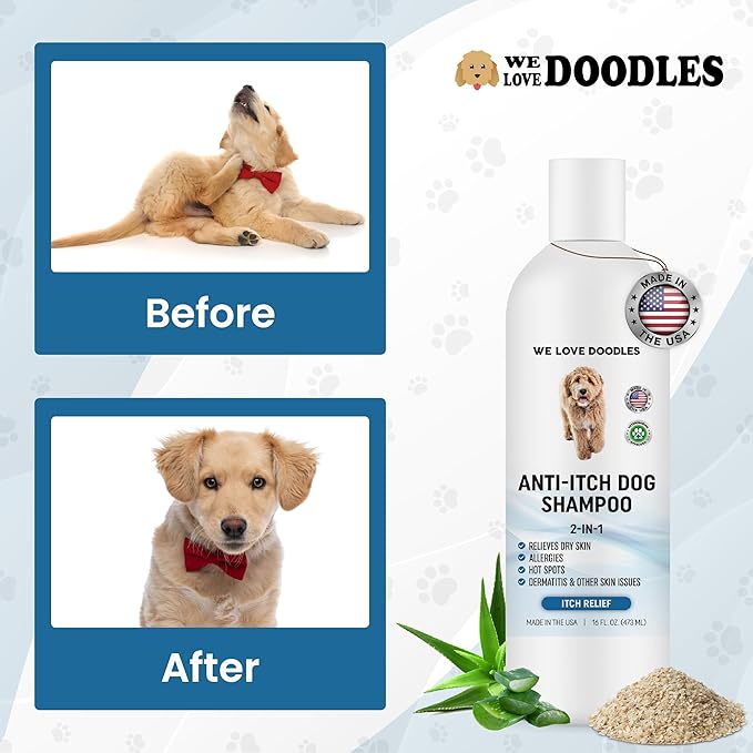 Premium Anti Itch Dog Shampoo for Sensitive Skin, Made in USA, Dry Skin Treatment for Dogs, Great for Allergies, Itching, Hot Spots, Natural Ingredients &amp; Allergy Relief, 16 OZ [We Love Doodles]