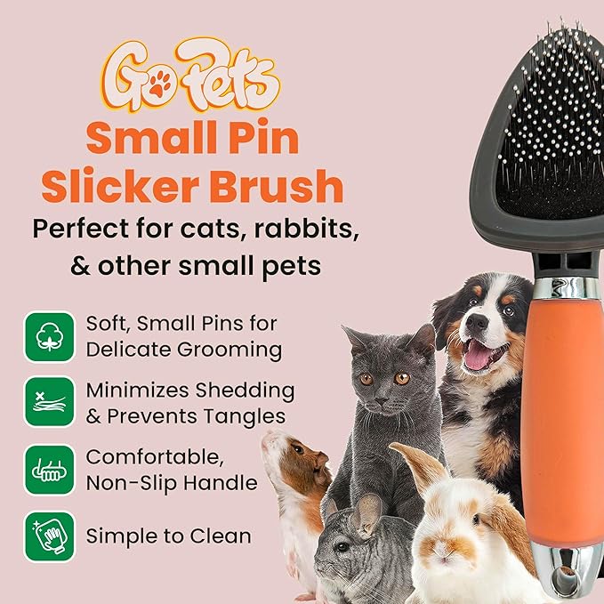 GoPets Small Pin Slicker Brush, Easy-Groom Pin Comb for Tangles &amp; Shedding, Rounded Safety Tips, Dematting Brush for Short &amp; Long Hair Cats, Dogs &amp; Furry Pets, Ideal for Sensitive, Hard-to-Reach Areas