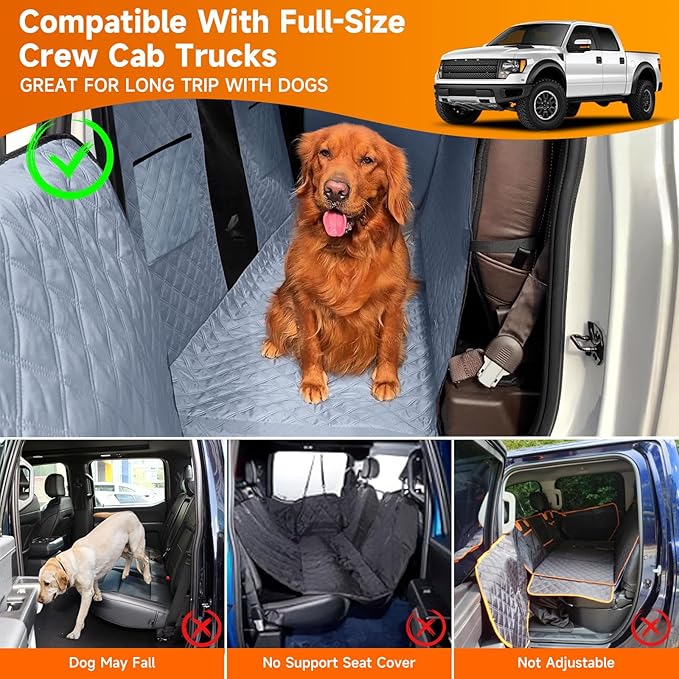 XL Dog Truck Seat Cover with Car Door Protector - Waterproof Full Coverage Back Seat Cover for Trucks with Flip-Up Rear Seats, Fits Full-Size Crew Cab Models Like F150 &amp; F250