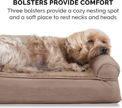 Furhaven Orthopedic Dog Bed for Large Dogs w/ Removable Bolsters &amp; Washable Cover, For Dogs Up to 95 lbs - Plush &amp; Suede Sofa - Almondine, Jumbo/XL