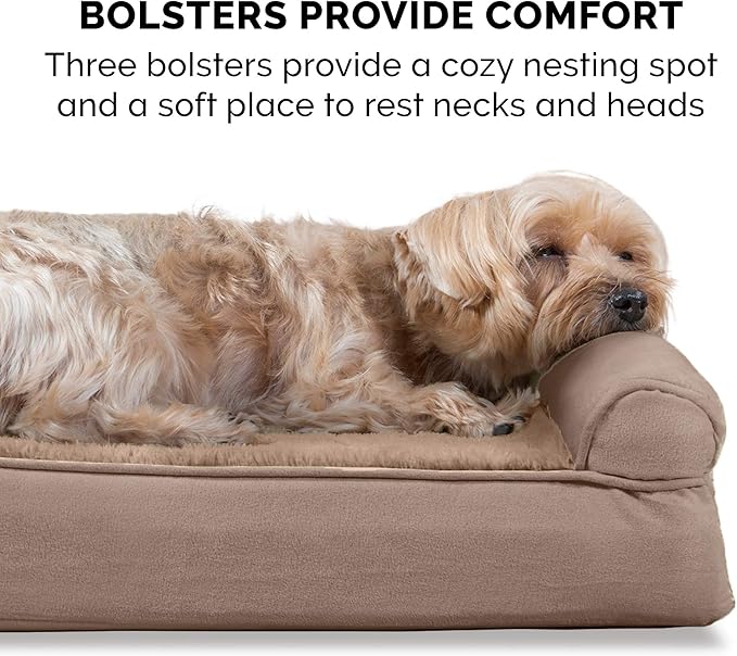 Furhaven Orthopedic Dog Bed for Large/Medium Dogs w/ Removable Bolsters &amp; Washable Cover, For Dogs Up to 55 lbs - Plush &amp; Suede Sofa - Almondine, Large