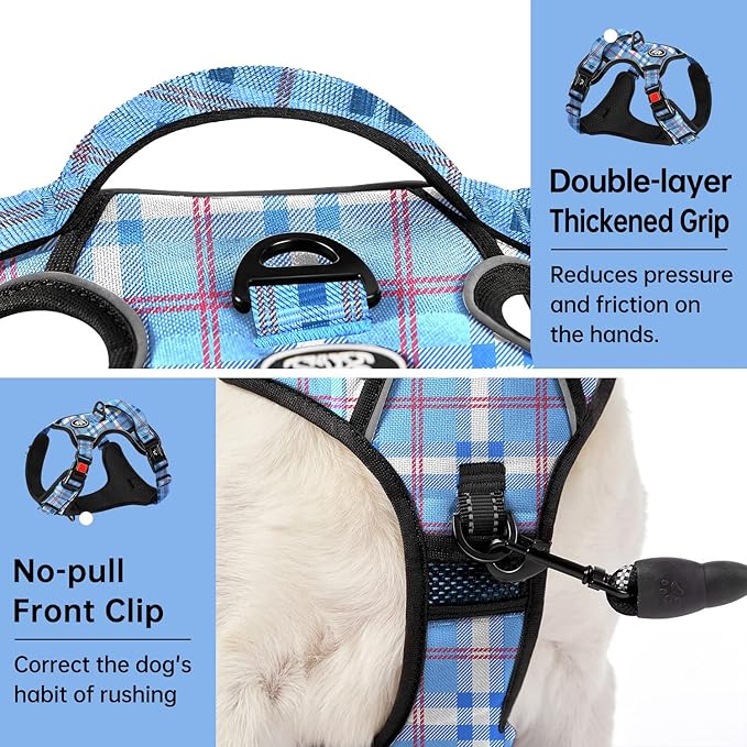 IVY&amp;LANE No Pull Dog Harness with Leash Set, Reflective No Choke Pet Vest,Adjustable Oxford Dog Vest Harness with Easy Control Handle for Medium Lagre Dogs (Checkered Blue,M)