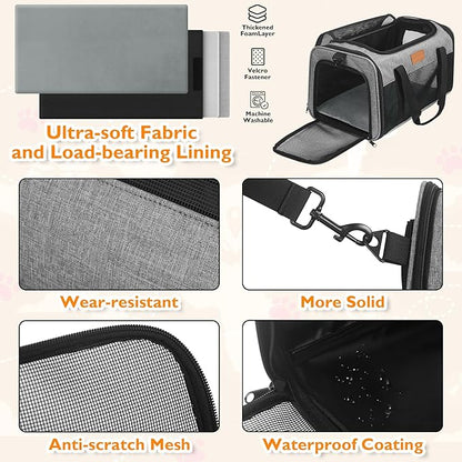 PETUX TSA Approved Pet Carrier in Cabin, 17"x11"x9.5" Soft Cat Carriers for Small Cat up to 12 lb and Puppy up to 10 lb, Top Open Portable Pet Carrier Airline Approved for Travel and Vet Visit (Grey)