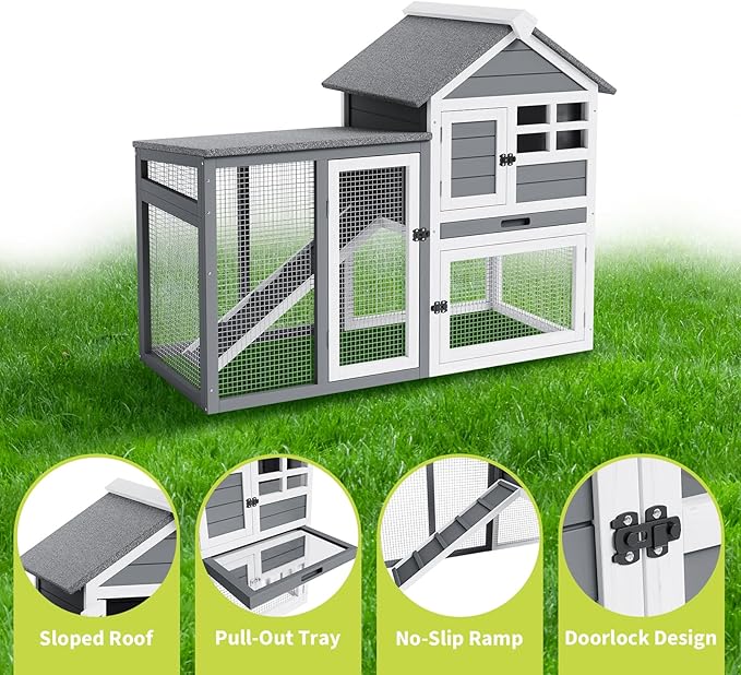 Rabbit Hutch 2-Tier, Small Wooden Chicken Coop for Outdoor Use - Weatherproof Small Animal Hutch with Non-Slip Ramp, 4 Access Doors &amp; Removable Tray for Rabbits, Guinea Pigs, Ferrets (Indoor/Outdoor)