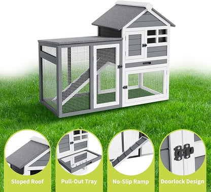 Rabbit Hutch 2-Tier, Small Wooden Chicken Coop for Outdoor Use - Weatherproof Small Animal Hutch with Non-Slip Ramp, 4 Access Doors &amp; Removable Tray for Rabbits, Guinea Pigs, Ferrets (Indoor/Outdoor)