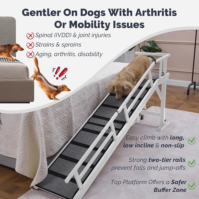 Dog Ramp for Bed or Couch, Wooden Pet Ramp with 20° Gentle Slope, Removable Side Rails, Non-Slip Surface, Top Platform &amp; Wheels, Safe Bed Ramp for Small, Medium &amp; Senior Dogs, 74" Long, White