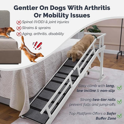 Dog Ramp for Bed or Couch, Wooden Pet Ramp with 20° Gentle Slope, Removable Side Rails, Non-Slip Surface, Top Platform &amp; Wheels, Safe Bed Ramp for Small, Medium &amp; Senior Dogs, 74" Long, White