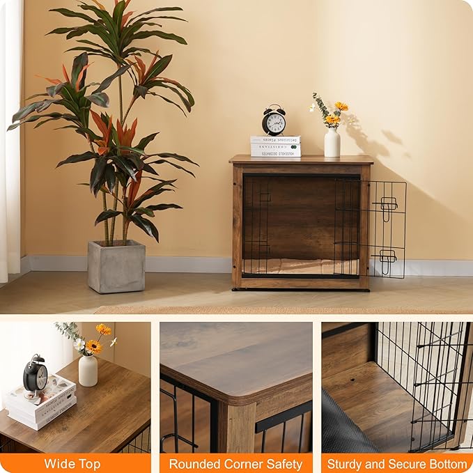 DWANTON Dog Crate Furniture with Cushion, Wooden Kennel Table with Double Doors, Indoor Dog House, Small/Medium/Large Size, 27.2" L, Warm Brown