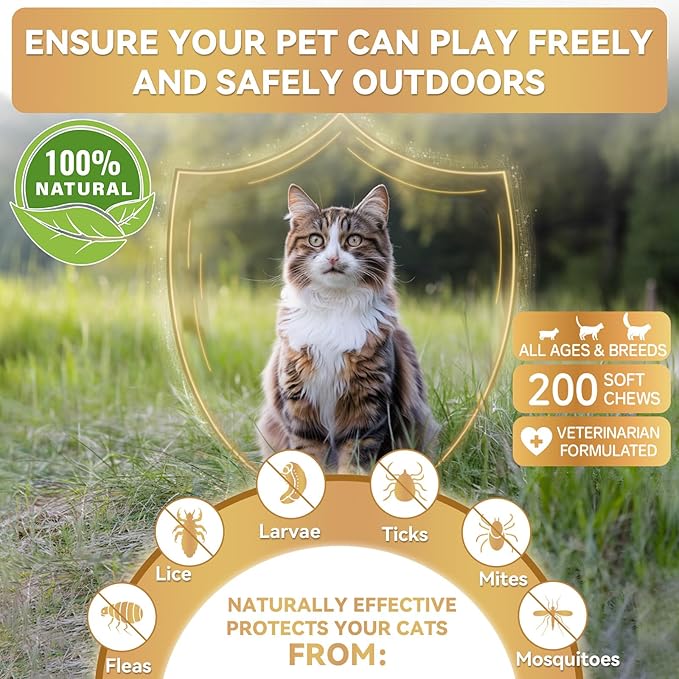 Flea and Tick Prevention for Cats, 200 Soft Chews for Fleas Treatment for Cats, Natural Cat Oral Flea Chewables Support Supplement, Flea and Tick Chews for All Breeds &amp; Sizes