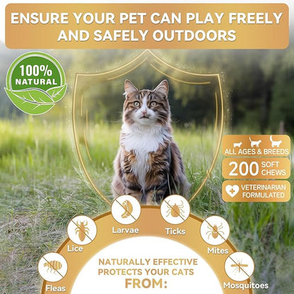 Flea and Tick Prevention for Cats, 200 Soft Chews for Fleas Treatment for Cats, Natural Cat Oral Flea Chewables Support Supplement, Flea and Tick Chews for All Breeds &amp; Sizes
