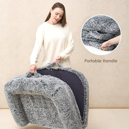 EHEYCIGA Foldable XL Dog Bed, Faux Fur Fluffy Pet Couch Bed for Large Dogs, Orthopedic Calming Memory Foam Big Pet Bed, Washable Soft Pet Sofa Bed with Non-Slip Bottom, Grey, 46"x34"x6.5"