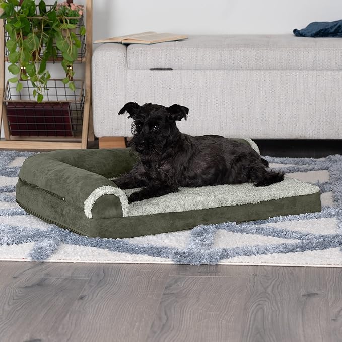 Furhaven Cooling Gel Dog Bed for Medium/Small Dogs w/ Removable Bolsters &amp; Washable Cover, For Dogs Up to 35 lbs - Two-Tone Plush Faux Fur &amp; Suede L Shaped Chaise - Dark Sage, Medium
