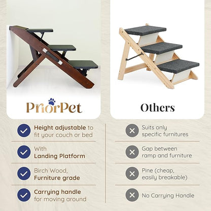 Dog Steps for Bed &amp; Couch 2-in-1 Dog Stairs/Ramp - Height Adjustable Dog Ramp for Couch 7” - 20” - Pet Stairs, Dog Stairs for Small Dogs - Easy to Move Pet Steps with Landing Platform, Walnut