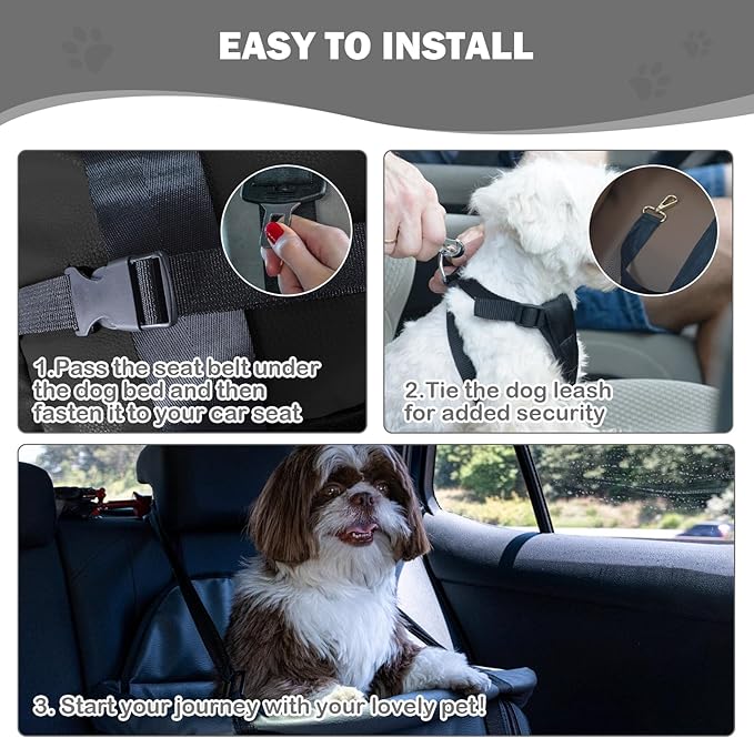 Dog Car Seat for Small Dogs, Large Leather Dog Car Bed with Storage Pocket, Waterproof PVC Leather Booster Seat Travel Bed for Front &amp; Back Seat, Clip-On Safety Leash (Black/Brown)