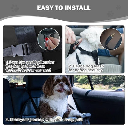 Dog Car Seat for Small Dogs, Large Leather Dog Car Bed with Storage Pocket, Waterproof PVC Leather Booster Seat Travel Bed for Front &amp; Back Seat, Clip-On Safety Leash (Black/Brown)
