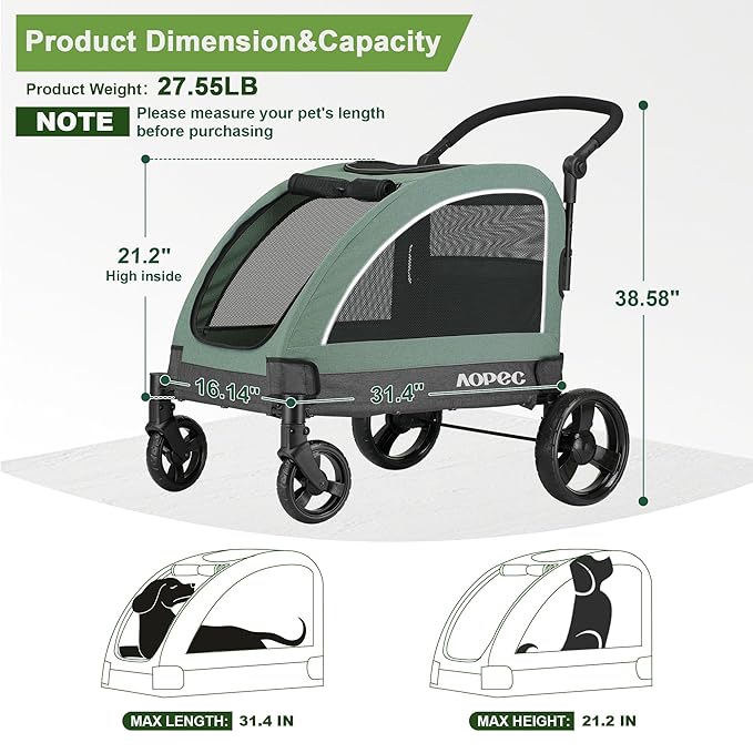 Large Dog Stroller - Dual Entry Safety Folding Pet Stroller with Adjustable Handle, All-Terrain 4-Wheel, 160 lbs Weight Capacity for Travel &amp; Outdoor Adventures - Green