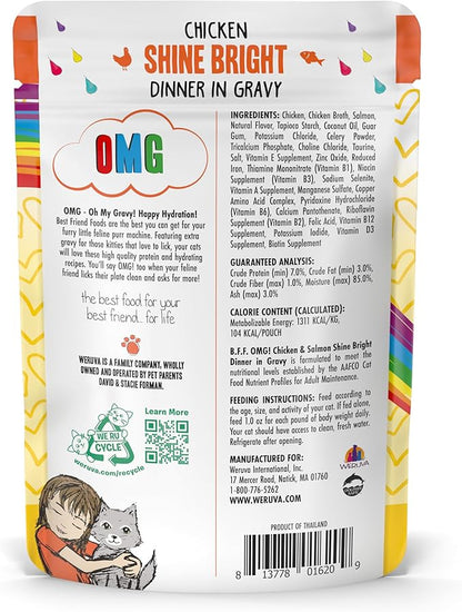 Weruva B.F.F. OMG - Best Feline Friend Oh My Gravy!, Chicken &amp; Salmon Shine Bright with Chicken &amp; Salmon in Gravy, 2.8oz Pouch (Pack of 12)